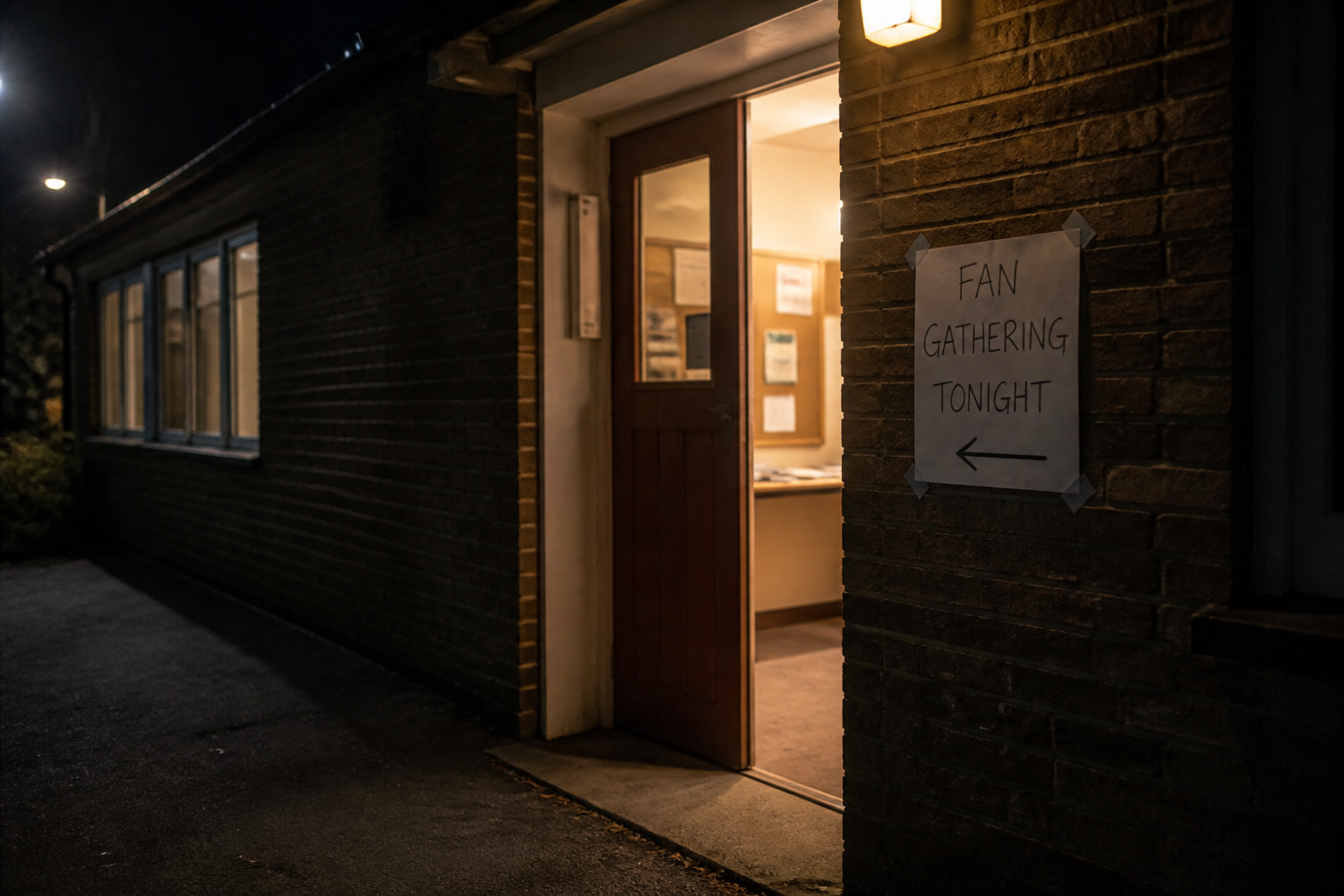 The lit doorway of a brick community hall on a dark evening with a handwritten sign taped beside it