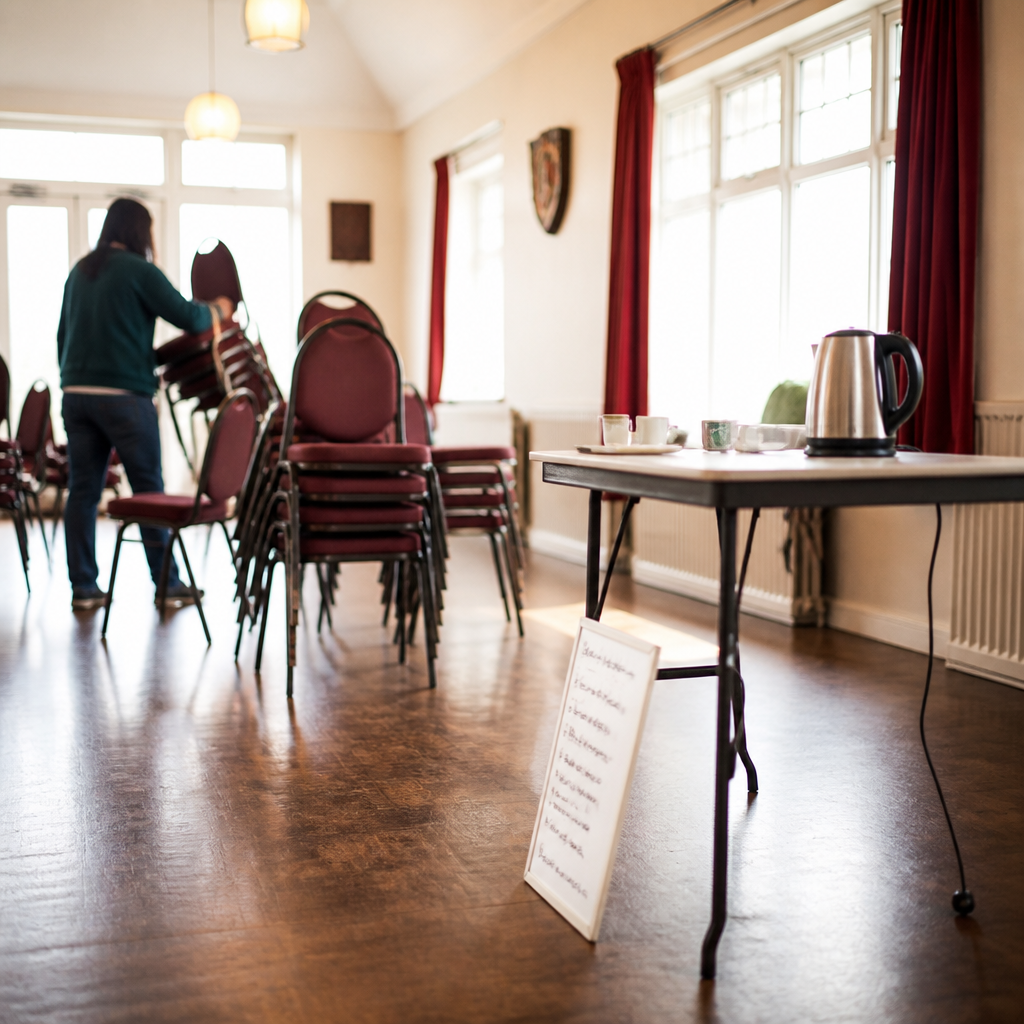 Stacked chairs being set out in a bright community hall, a folding table with a kettle and a hand-written sign propped against it
