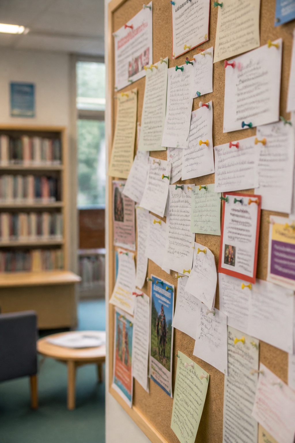 A cork noticeboard in a public library covered with overlapping handwritten cards and pinned leaflets for local groups