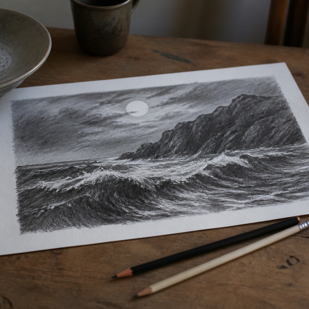 Original illustration of a dark sea breaking beneath a moonlit hillside, drawn for this essay