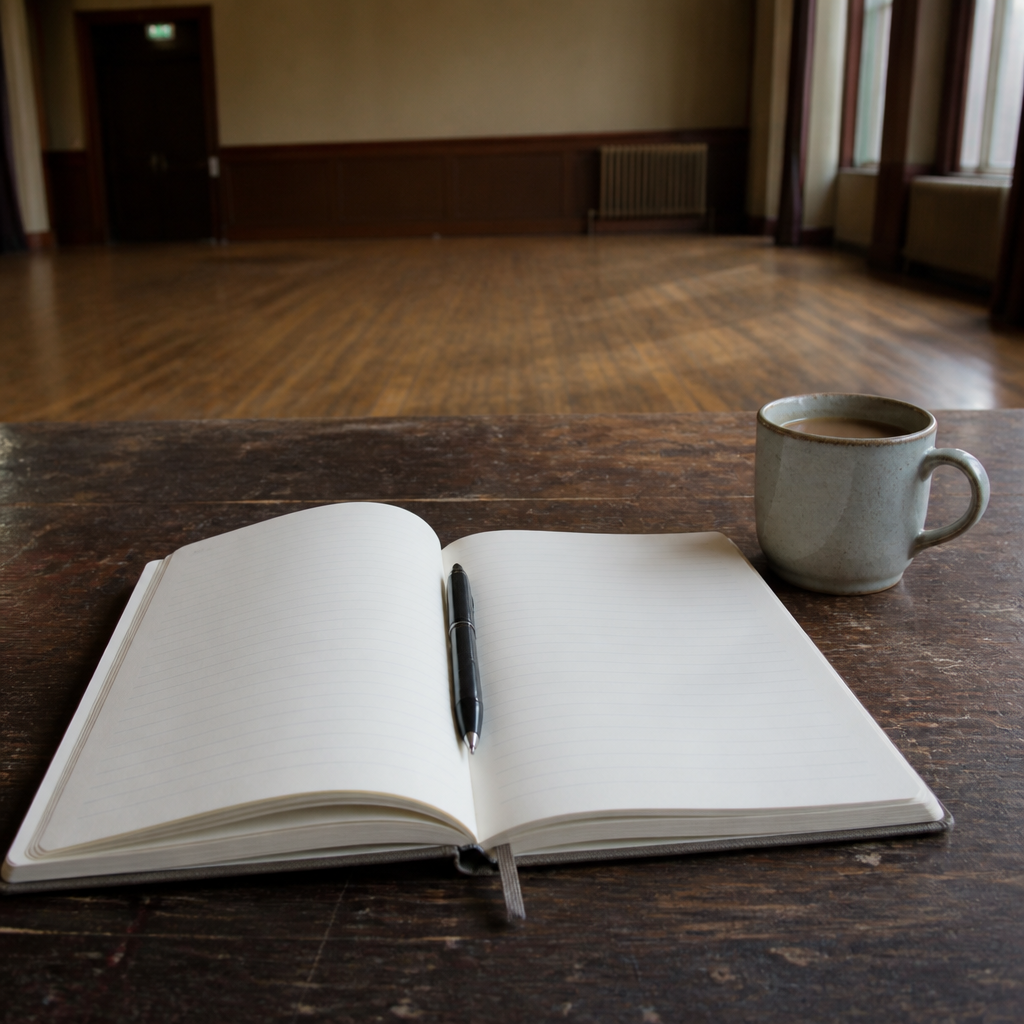 An open notebook and a mug of tea on a scuffed wooden table in an empty hall, biro resting in the fold