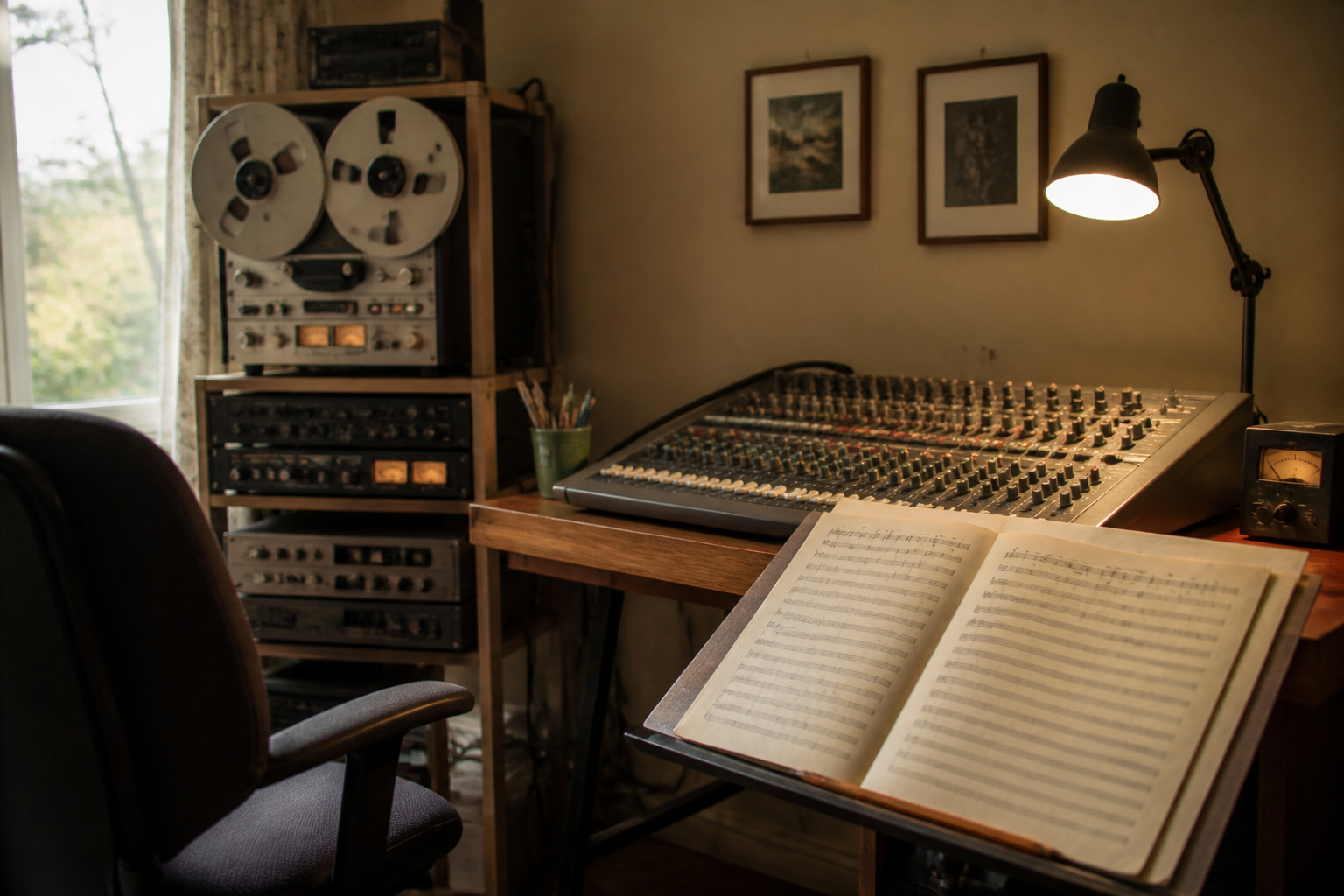 A small home recording room with a reel to reel machine, a mixing desk and a music stand lit by a single lamp