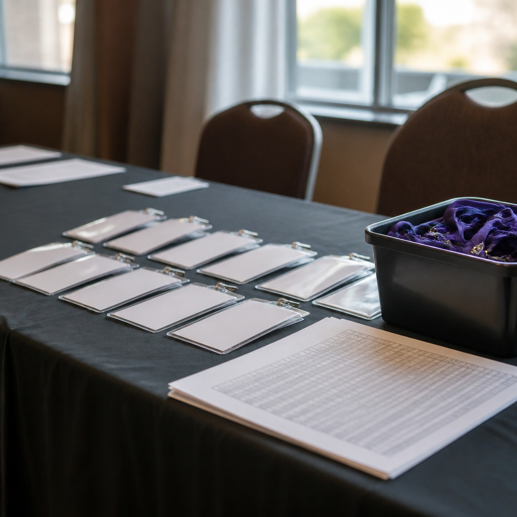 A convention registration desk with rows of blank badges, lanyards in a box and a printed attendee list